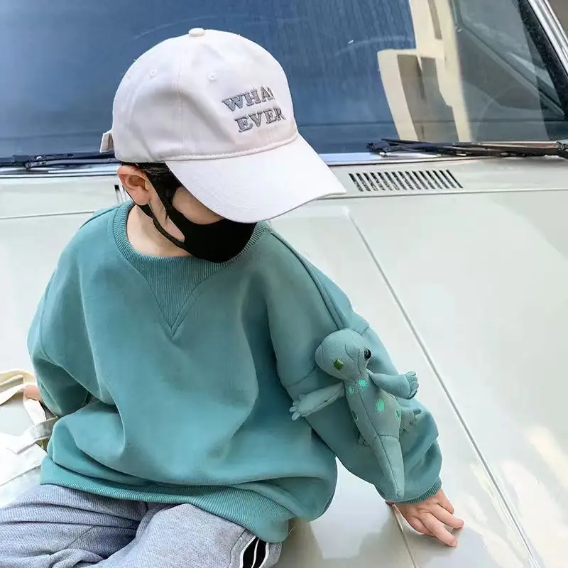 Children\'s Pink Blue T-shirt Boys 2024 Spring New Cool Top Girls Waffle Long Sleeved Sweatshirt+Dinosaur Spring Autumn Clothes