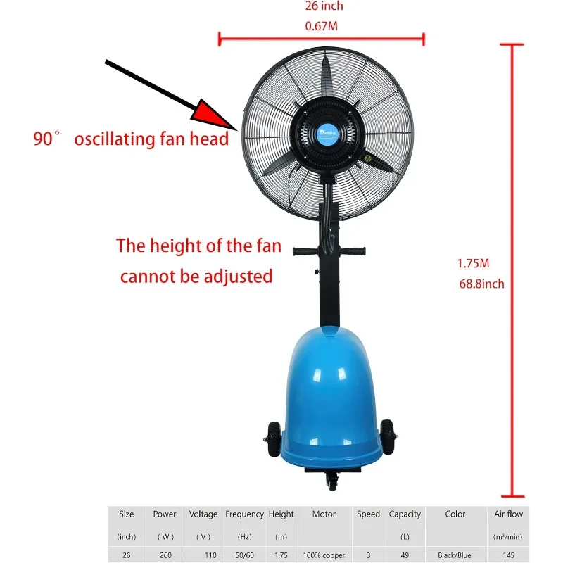 Ventilador de nebulização de alta potência LI-GELISI – todo em metal de 26 polegadas e 260 W com resfriamento de 1000 pés quadrados e tanque de 13 galões (azul 260 W/26 polegadas)