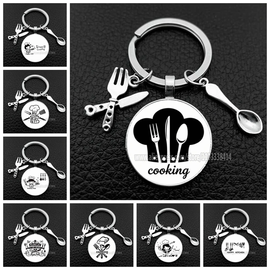 Fashion I love cooking keychains Happy Kitchen Knife and Fork Pendant Glass Dome Keychain Wholesale of restaurant kitchen gifts