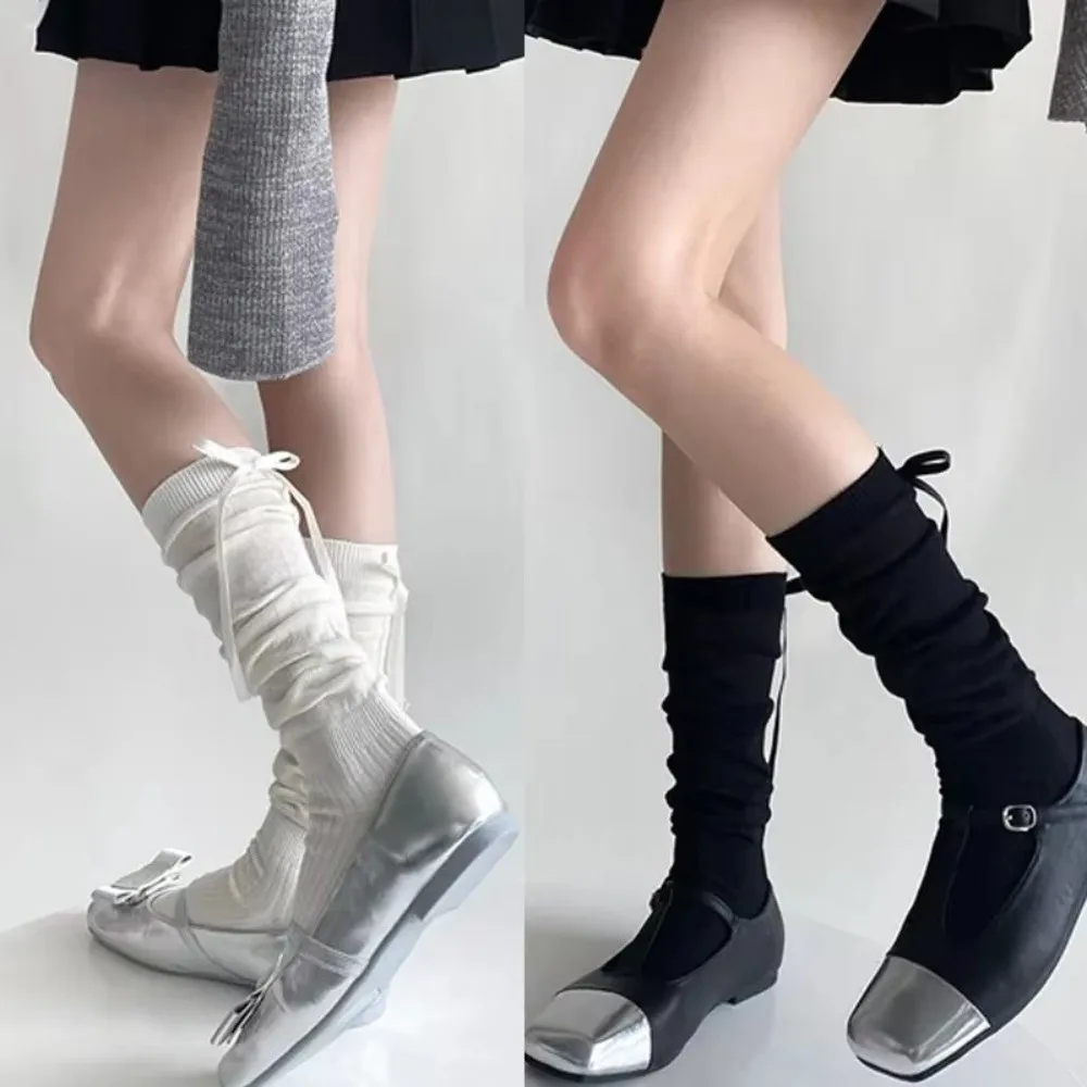 

Sweet Bandage Lolita Socks Ribbon Bow Solid Color Middle Tube Socks Black White Ballet Style Socks Women Girls