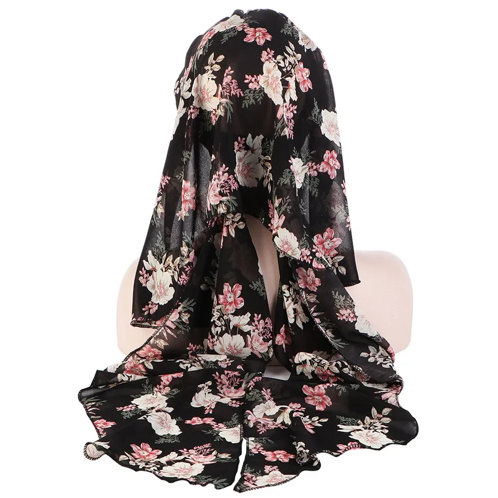 Le Donne musulmane Lungo Chiffon Foulard Scialle Islam Turbante Cap Indiano Stampa Floreale Hijab Beanie Perdita di Capelli Choker Boho Avvolge Moda