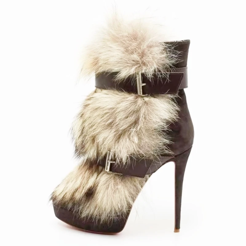 

Коричневые зимние ботинки с меховой бахромой, черные, бежевые, серые, замшевые, с круглым носком, с пряжкой на ремне, на платформе, женские короткие ботильоны