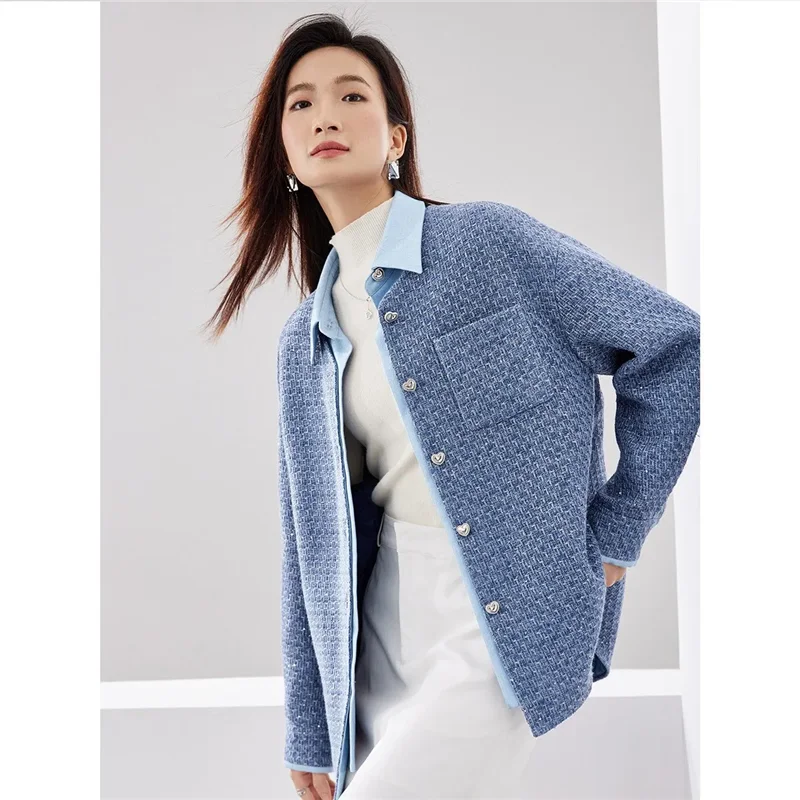 Frühling Herbst mittellange gefälschte zweiteilige Mantel Frauen 2024 neue Mode lose Freizeit jacke Knopf reine Farbe blau Oberbekleidung weiblich