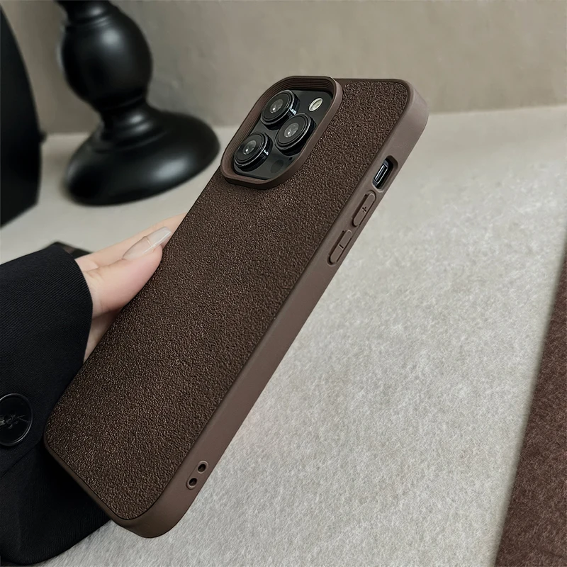 Fashion Dark Brown Moon Crater Pattern Phone Case For iPhone 11 12 13 14 15 Pro Max Retro Leather Anti-drop Shockproof Cover