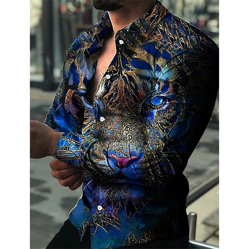 Full Print Animal Tiger Pattern Shirts For Men Casual Long Sleeve Oversized Button Down Shirts Fashion Comfortable Blouse Top