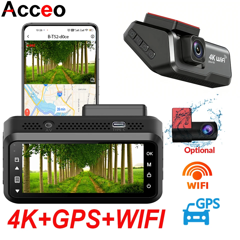 

4K WIFI GPS Dash Cam Mini CAR DVR Driving Recorder Front and Rear Dual Lens 1080P Black Box Camera Night Vision Parking Monitor