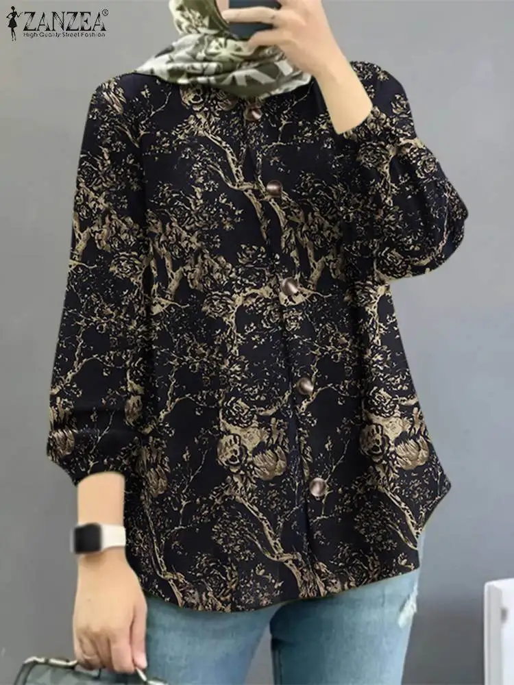 

ZANZEA Bohemain Floral Printed Shirt Muslim Abaya Tops Women Vintage Long Sleeve Blouse Casual Button Down Blusas Turkey Kaftan