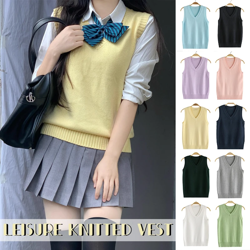 

Preppy Style Teenager School Girls Uniform Sleeveless Sweaters Knitted Vest Students Y2K Lolita Pullover Waistcoat Women JK Tops