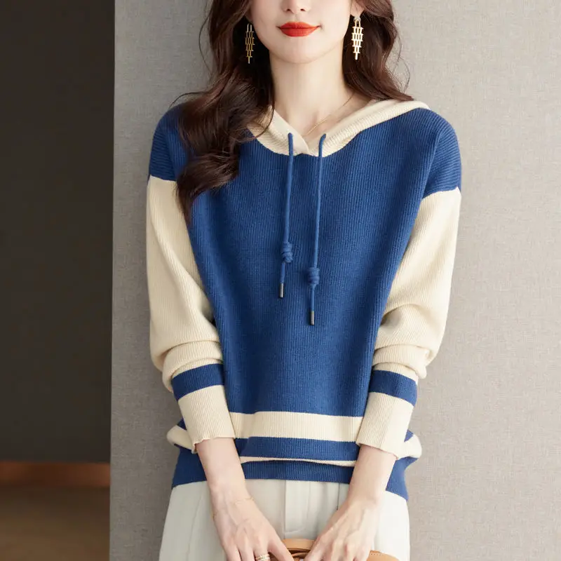 Hooded Contrasting Colors Sweater Women Autumn Winter Simplicity Loose Knitwear Office Lady All-match Fashion Knitting Tops