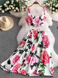 Sexy Floral Long Beach Dresses Women Crop Top Seaside Vacation Vest Midi Print Skirts Suits 2pcs Outfit Sicilian Rose Outfits