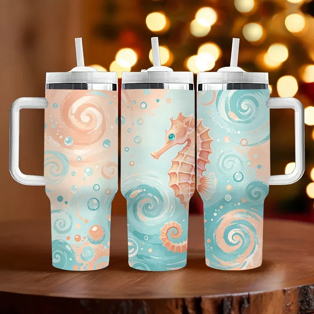 40Oz Insulated Tumbler with Handle, Cute Seahorse Swirl Pattern Print, Long-Lasting Heat Preservation, Perfect Holiday Birthday Gift for Adults for Daily Life And Outdoor Activities