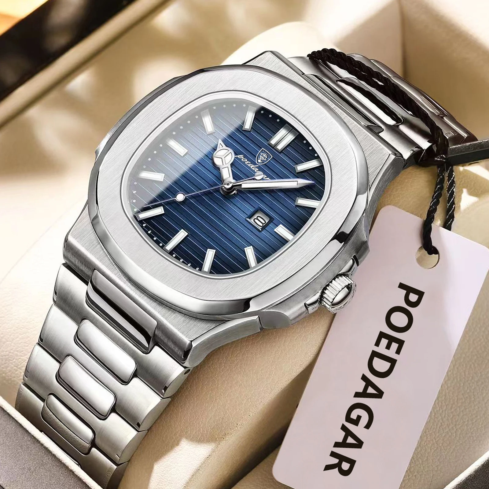 POEDAGAR Top Luxury Men's Watch Waterproof Luminous Date Stainless Steel Square Man Clock Business Sports Quartz Watches For Men