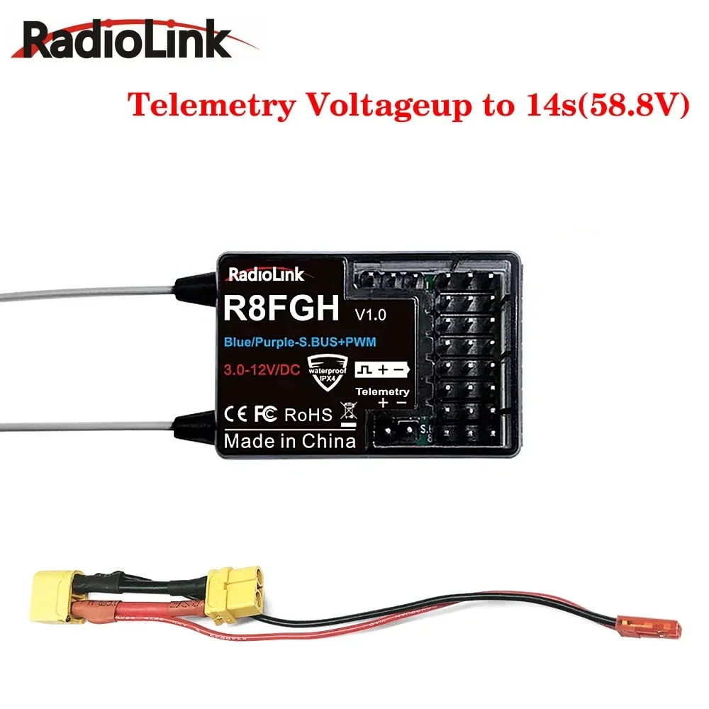 Radiolink r8fgh giroscópio receptor 2.4g 8 canais telemetria tensão do veículo até 14s 58.8v para rc carro barco cortador máquina robô