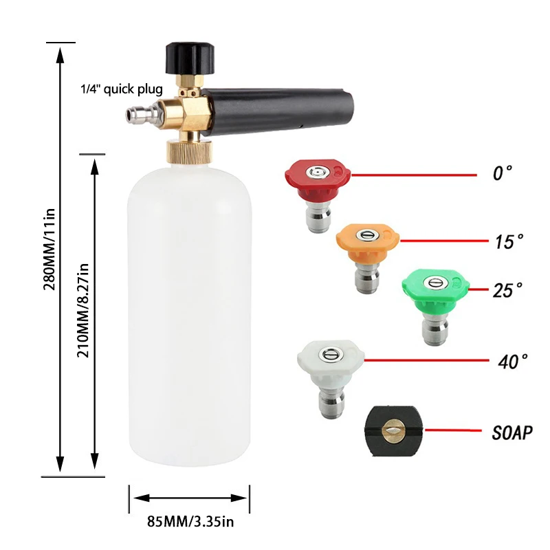 1L High Pressure Foam Cannon with Snow Foam Lance, Adjustable Nozzle, 5 Interchangeable Tips - 1/4 Inch Quick Connect