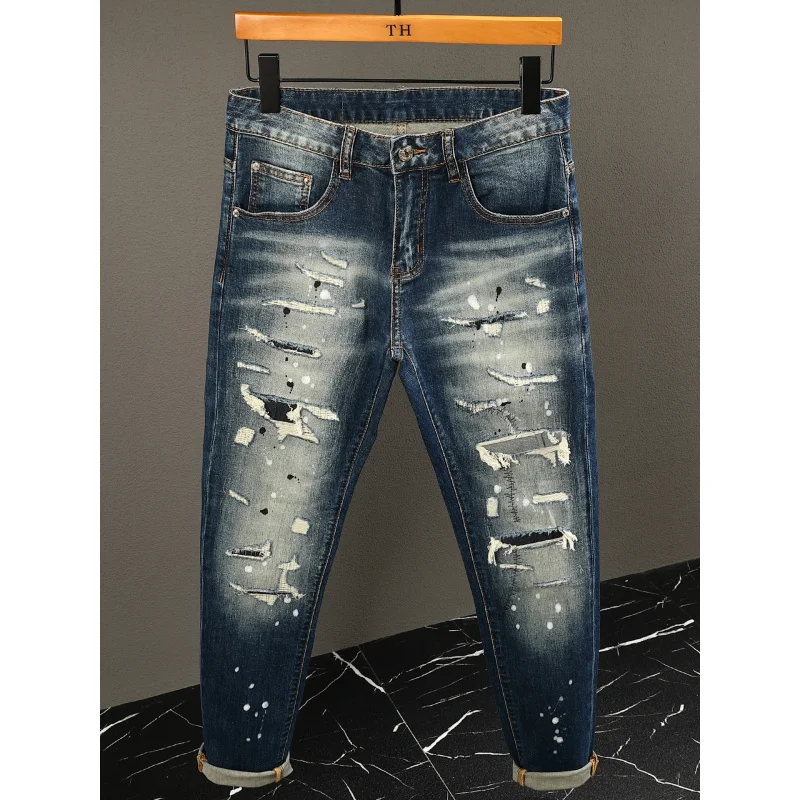 Paint printed vintage jeans men, street style handsome men's clothing, ripped patches, small leg pants
