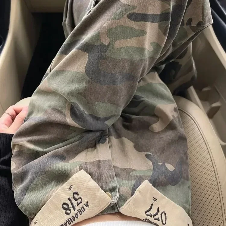 Zipper Fly Cargo Pants Vintage Denim Wide Leg Pants High Waist Spliced Jeans Women Clothing Pockets Loose Safari Style