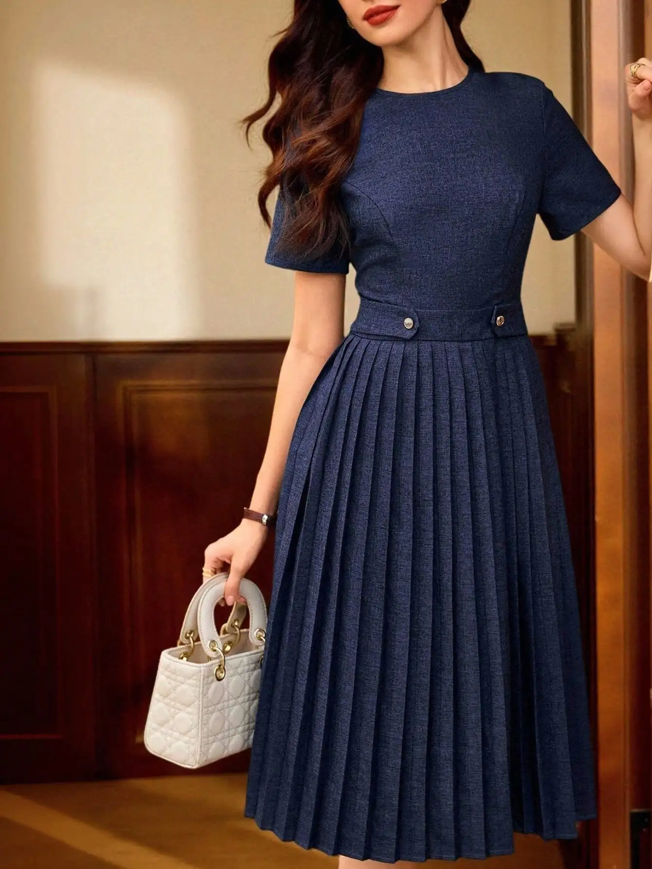 

Navy Blue Pleated Midi Dress with Waist Belt and Short Sleeves