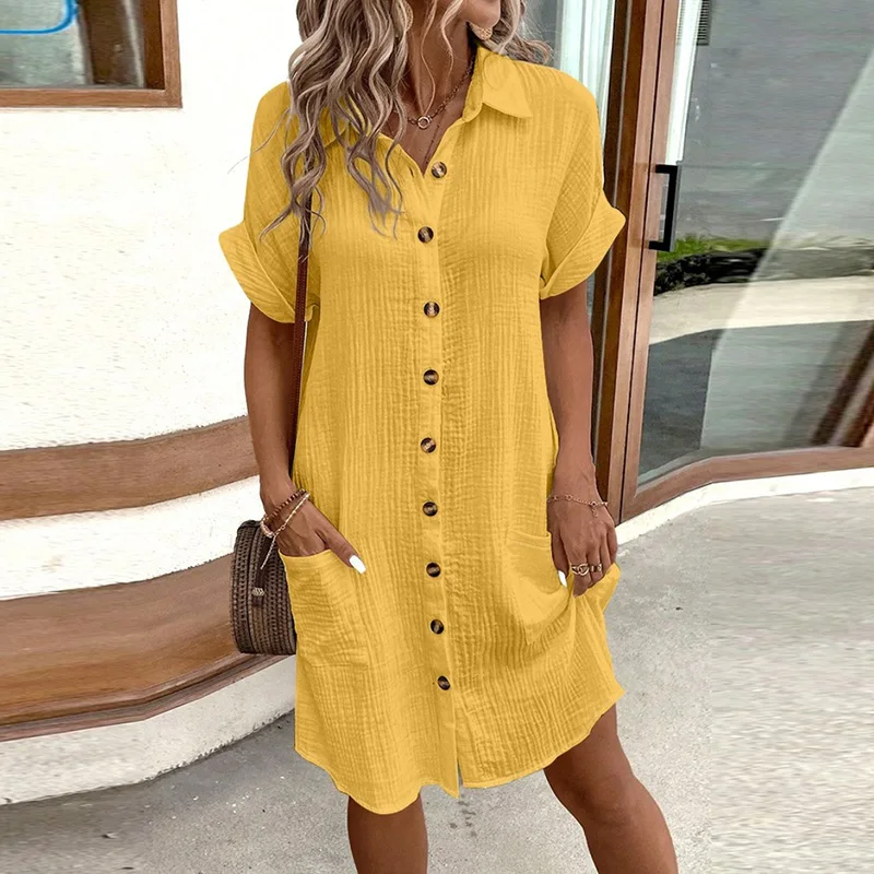 Summer Shirt Dress Women Casual Turn Down Collar Short Sleeve Button Beach Holiday Dresses For Women Fashion Mini Dress  White