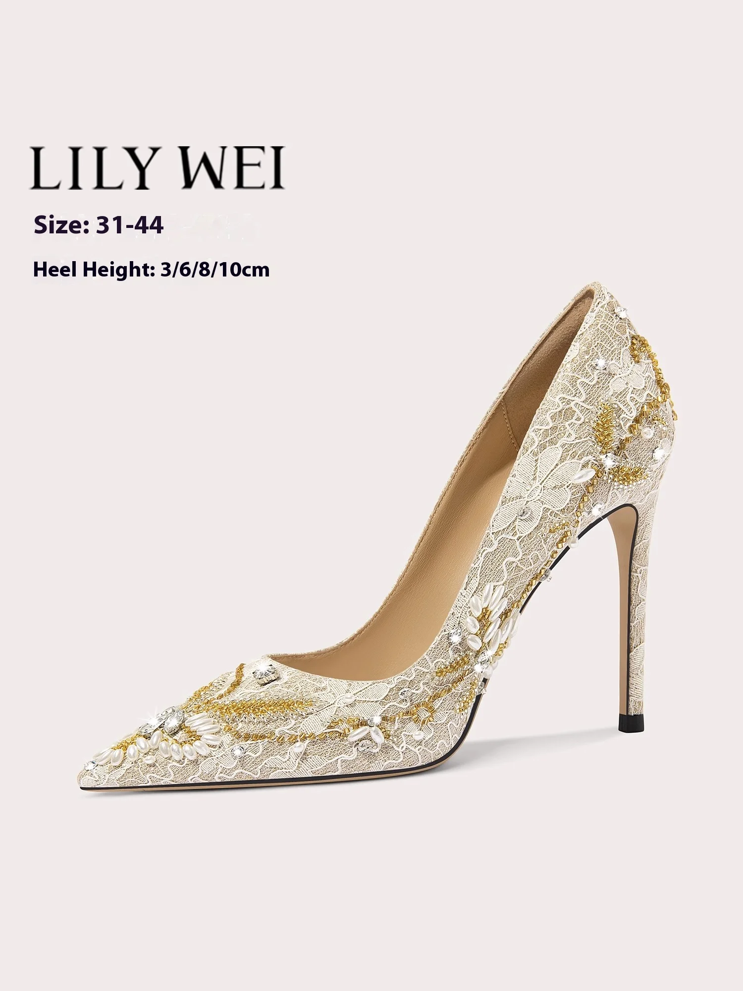 

Slender high heels spring pointed shallow rhinestone beaded embroidered wedding shoes banquet large size small size women's shoe