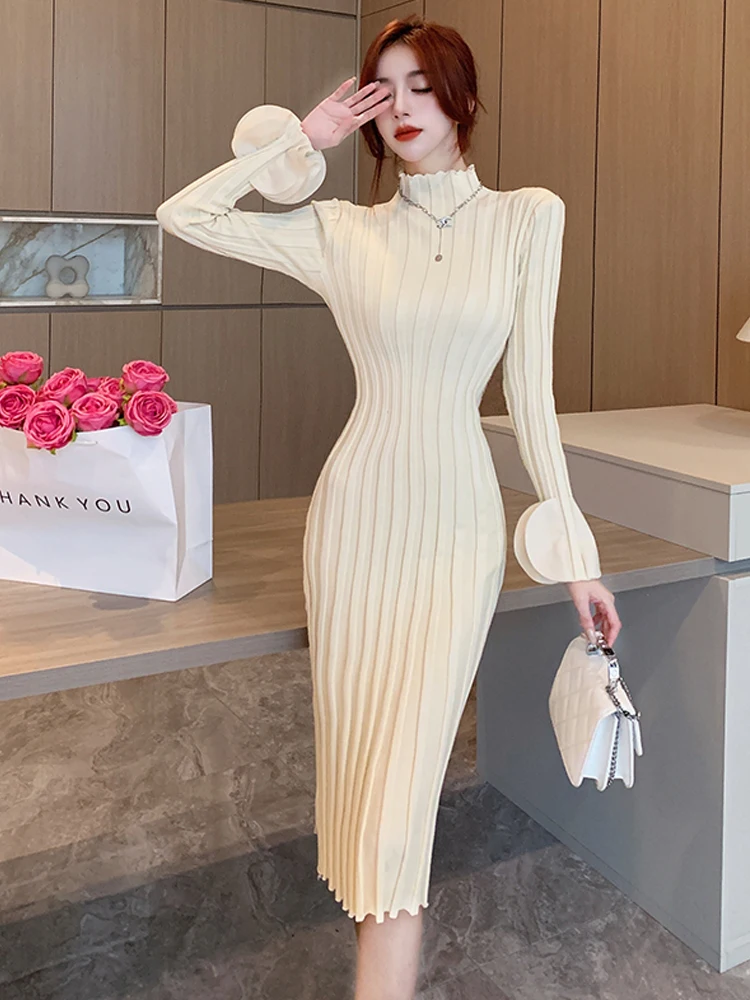 

Half High Collar Women Knitting Dress Autumn Winter Long Sleeve Slim Bottoming Long Dress Fashion Elegant Midi Dress Party Femal