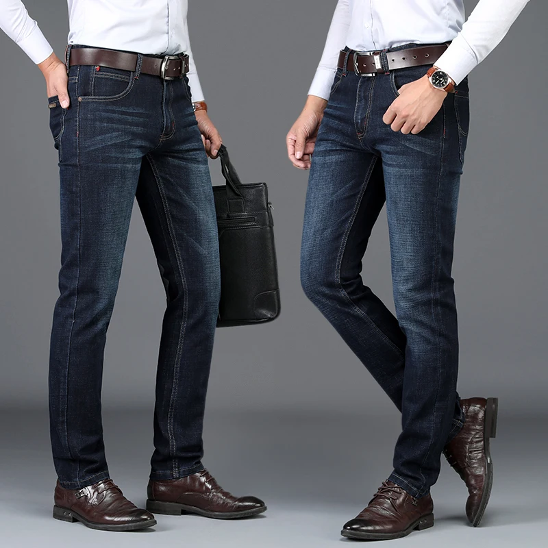 SULEE Brand European American Style Stretch Men Jeans Luxury Men\'s Denim Trousers Slim Straight Deep blue Gentleman Mens Stretch