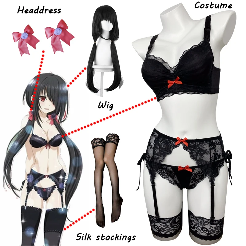 Disfraz de Cosplay de Anime para mujer, ropa interior de encaje Sexy, Conjunto de sujetador, calzoncillos, traje de baño, Tokisaki Kurumi, DATE A LIVE