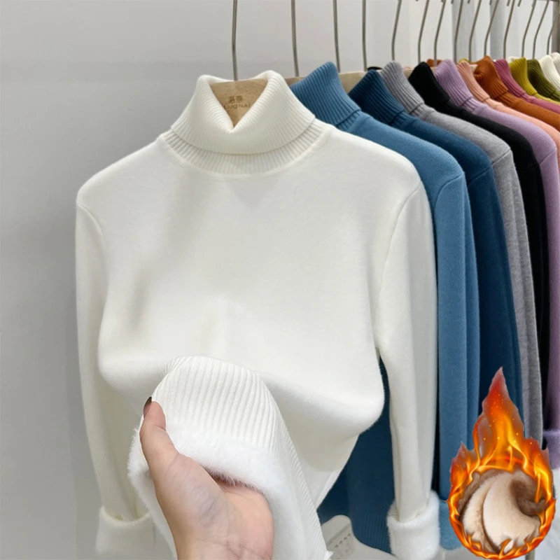 

Свитер с высоким воротником, женский свитер с длинным рукавом на флисовой подкладке, осень-зима, толстые теплые модные топы, мягкие однотонные пуловеры