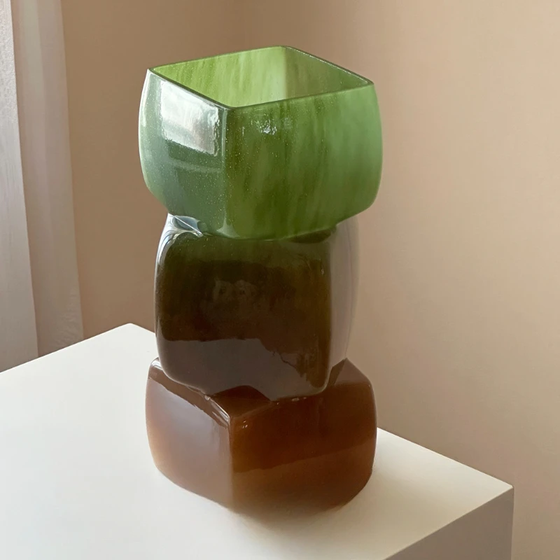 New Chinese Glass Square Mouth Vase, Unique Design, Water Nourishing Flower, Geometric Green Glass Flower Ornament