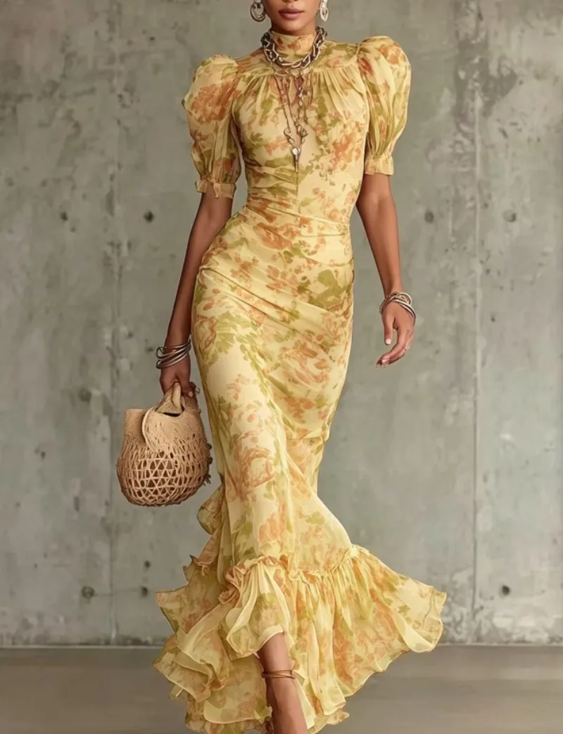 

Fashion Printed Maxi Dresses Women Pleated Robe European and American Elegant Ruffle Party Dresses French Bubble Sleeves Vestido