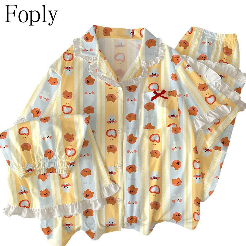 Three-Piece Woman Pajama Set Cartoon Print Summer Imitation Cotton Pyjama Sleepwear Short Sleeve Pants Pijama Pjs Loungewear