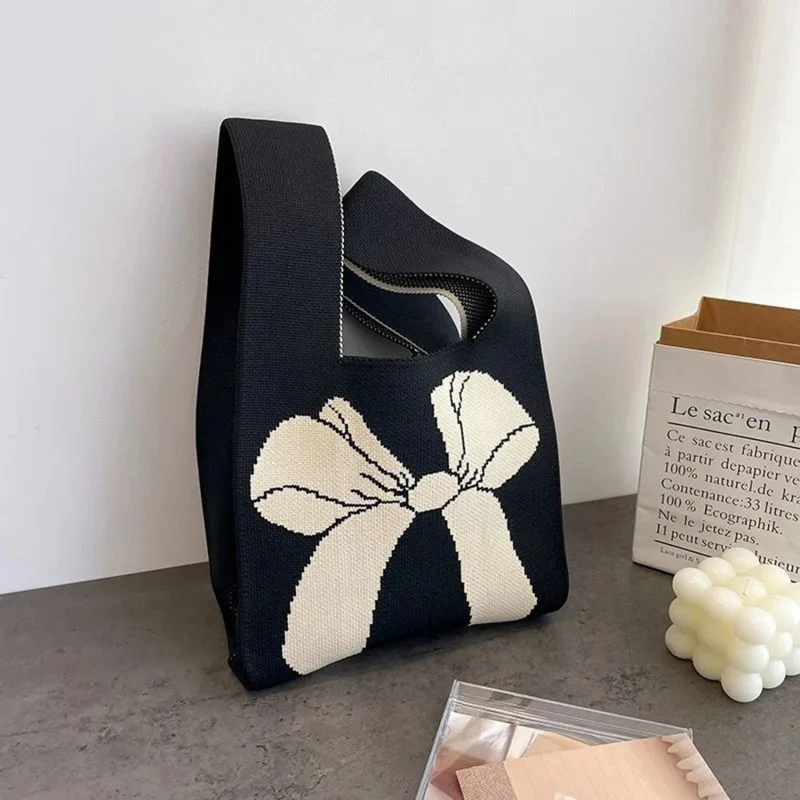 Women Mini Knot Wrist Bag Fashion Handmade Knit Handbags Korean Casual Tote Bag Reusable Shopping Bags