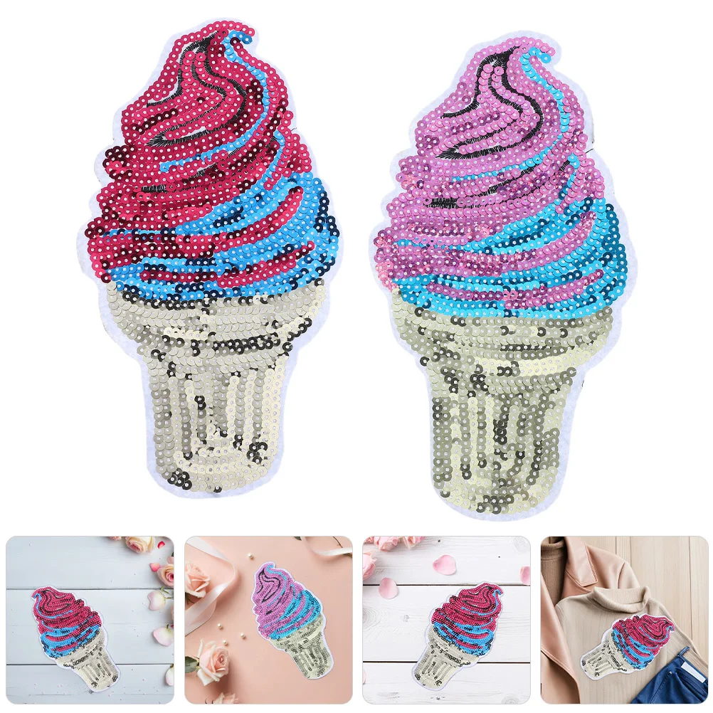 

4 Pcs Ice Cream Sequin Cloth Stickers Fashionable Embroidered Appliques Holiday Clothing Iron On Patches Sweet Sequins Glitter