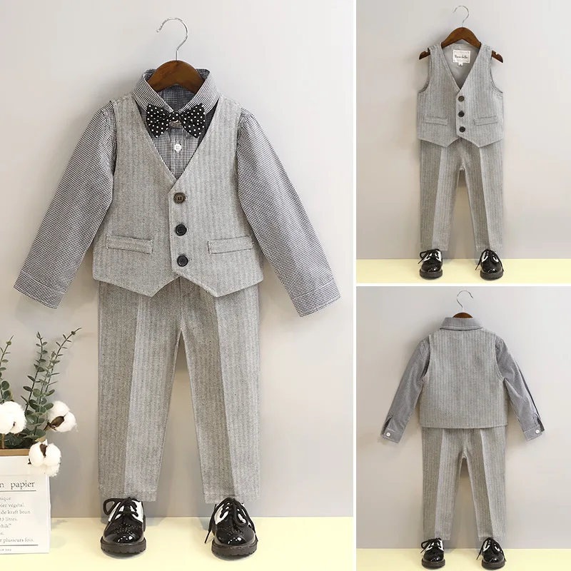 

Children Boys Grey Striped Vest Pants Suits British Kids Boys Formal Wedding Suit Baby Birthday Gentleman Performance Costume