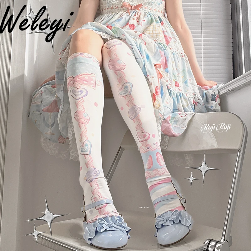 

Macaron Lolita Knee High Socks Japanese Sweet Women's Tube Stockings Spring and Autumn Sweet Velvet Printed Knee Sock for Women