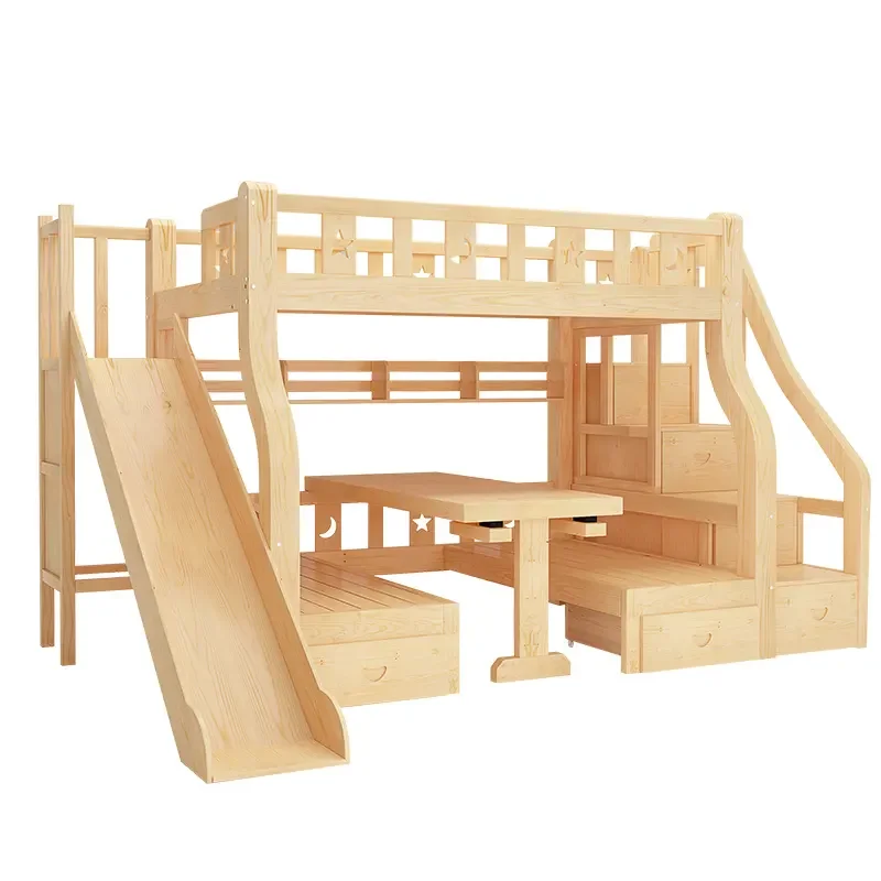 Factory Price Wood Children's Bedroom king Size Bunk Bed Drawers Kids Wooden Slide Storage Bed Furniture Set