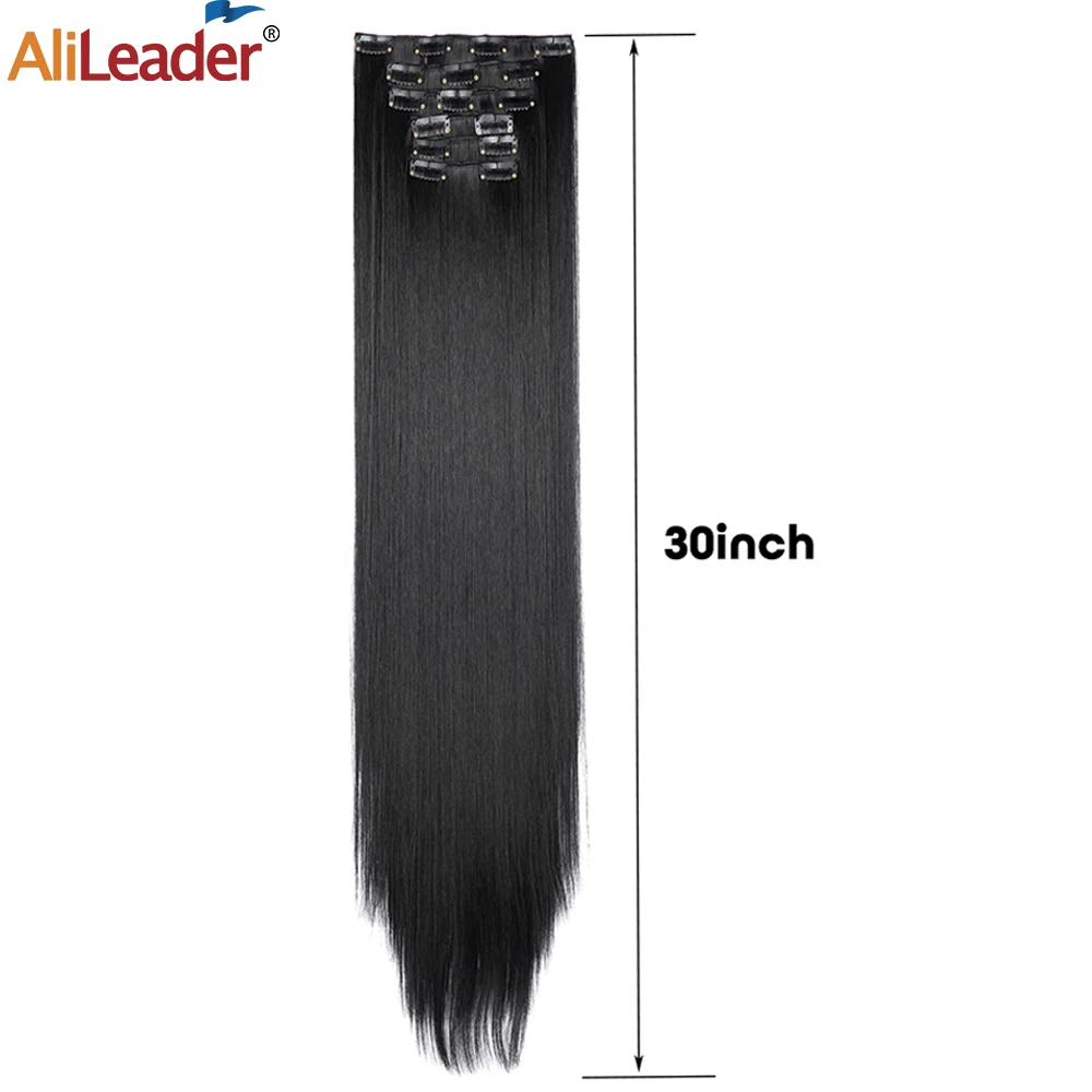 75Cm 30 Inch Full Head Long Straight Clip In Hair Extensions Black Blonde Thick 6Pcs/Set High Temperature Fiber Hairpiece