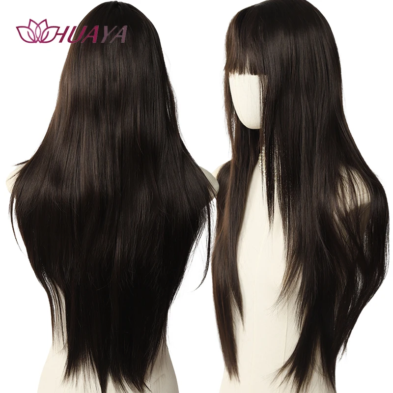 Natural Black Layered Long Straight Wig With Air Bangs Heat Resistant Synthetic Hair Adjustable Cap For Women Daily & Cosplay