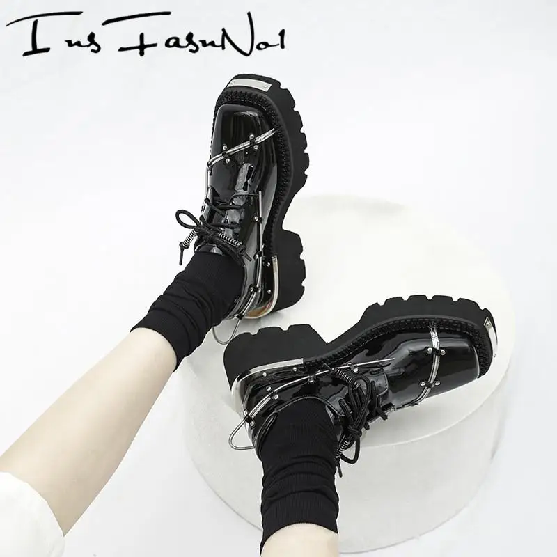 Metal Decoration Punk Spring Platform Shoes Women Goth Black Single Leather Shoes British Style Chunky Square Toe Casual Pumps