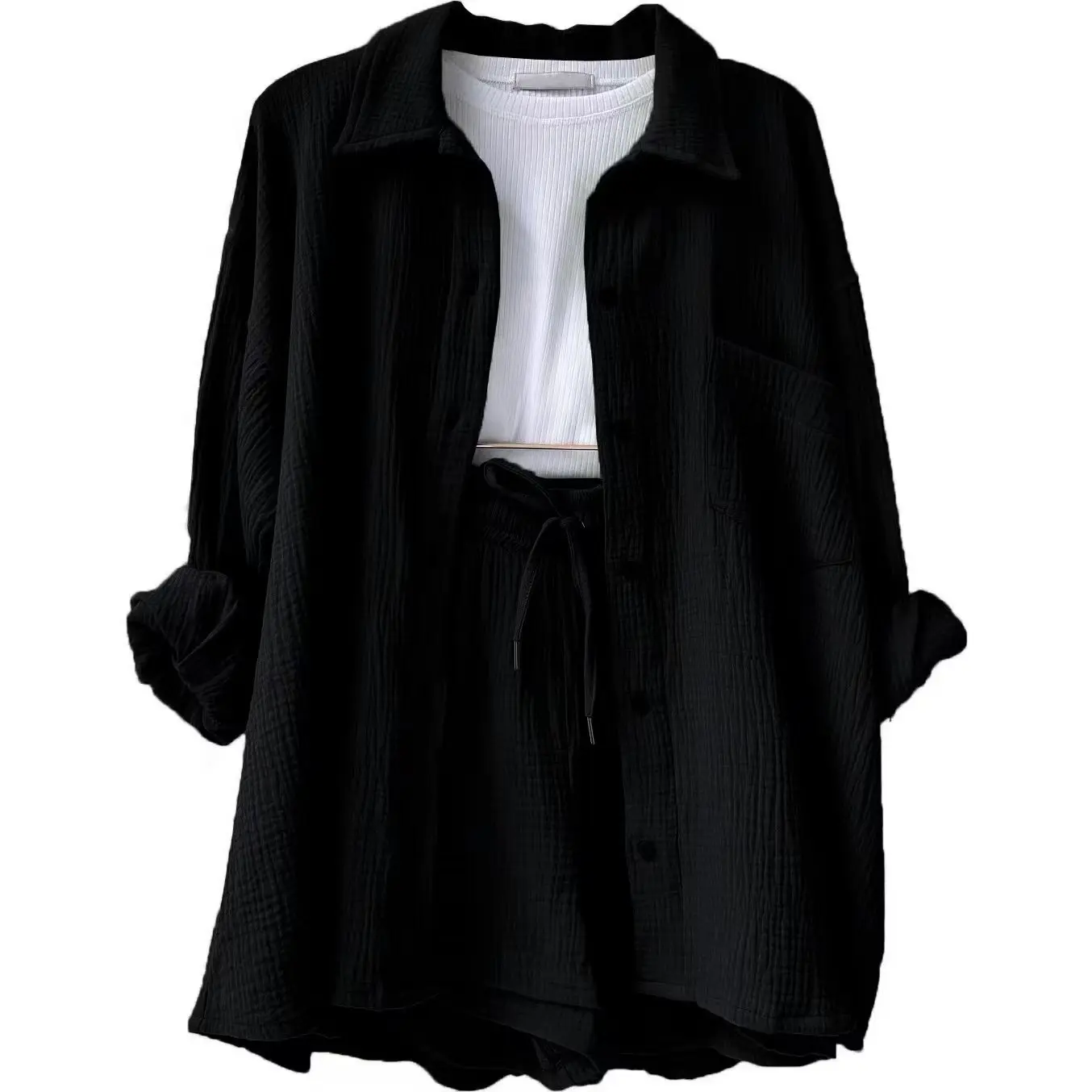 Sets For Women Two Pieces Set Long Sleeve Shirts And Loose High Waist Mini Shorts Sets Ensemble Femme