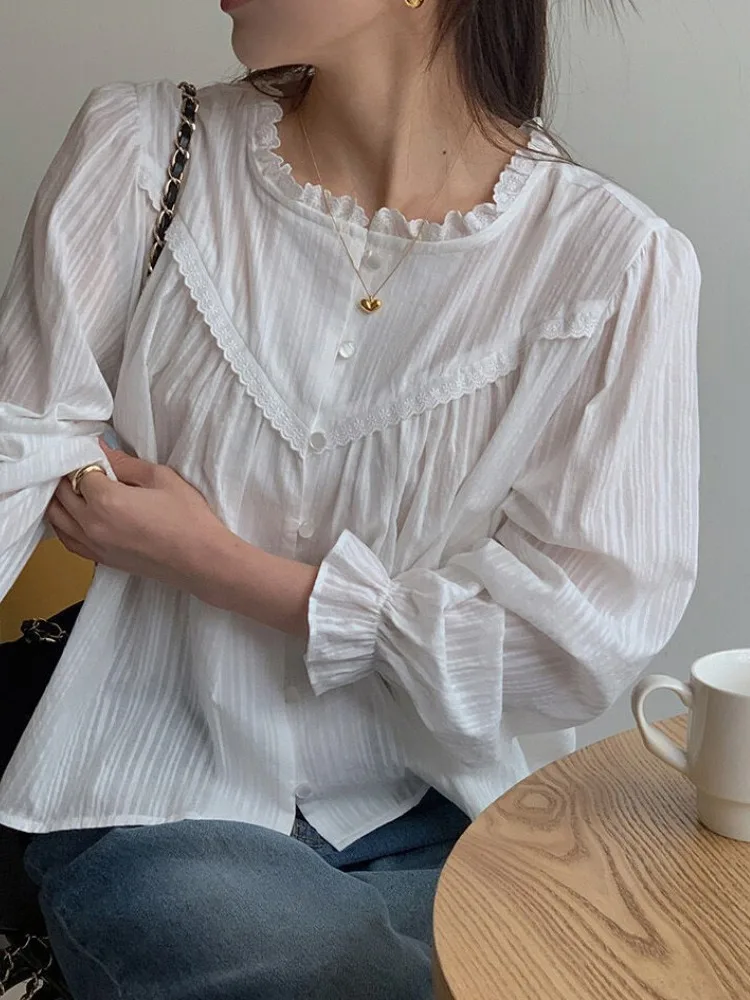 

Gentlewoman's Ruffle Collar irt Women's Small Size Ele Inner Wear French Sle Bubble Sve Long Sve Pure Color But...