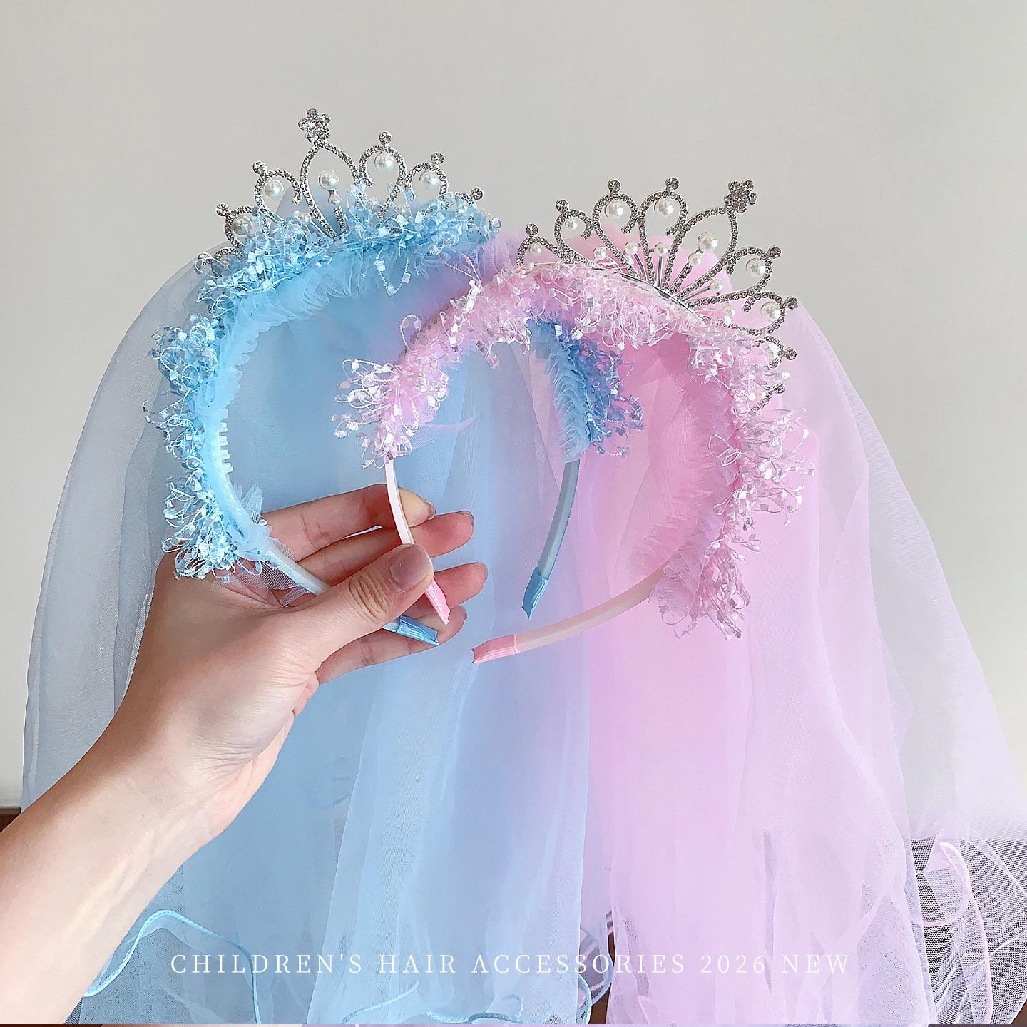 Princess Tiara Veil Headband Pink Tulle Crystal Pearl Crown No Hurt Head Hairband for Girls Toddler Kids Birthday Party Flower