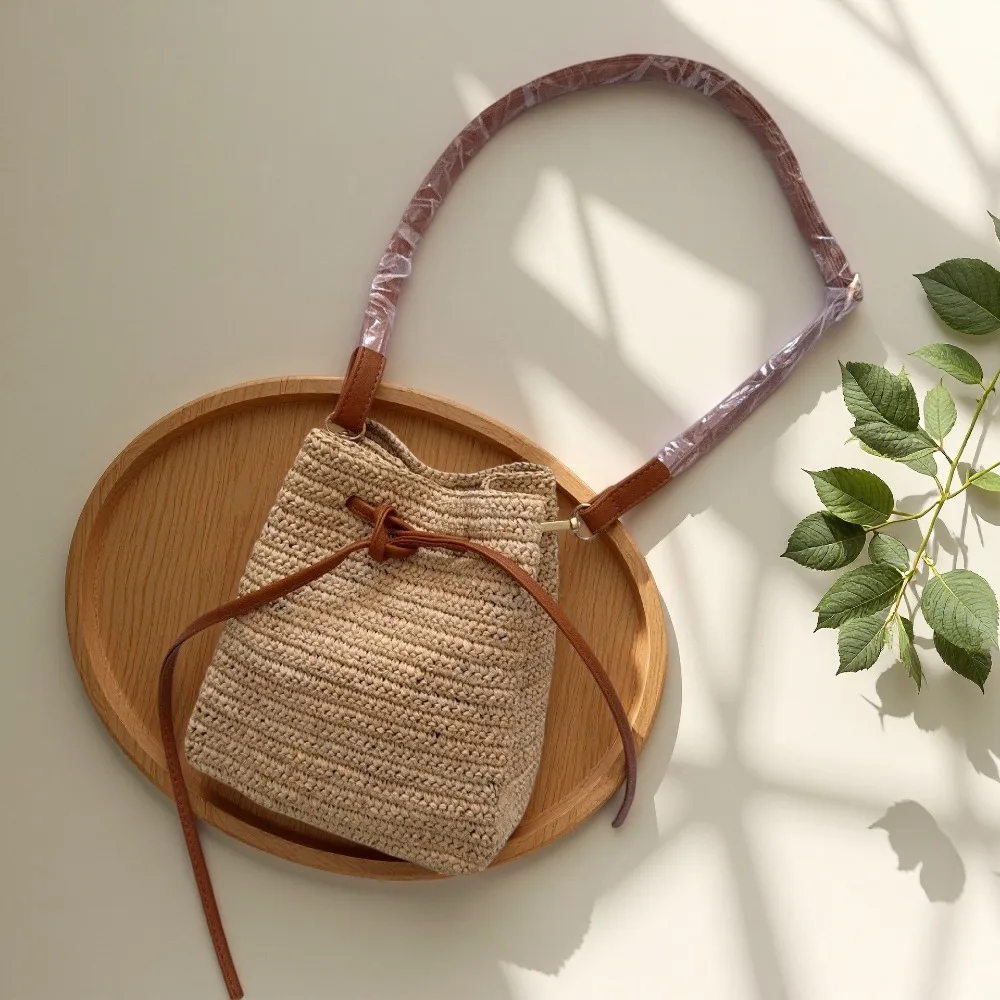 Summer Women's Lafite Grass Hand Hook Vintage Fashionable Small Bucket  Leather Shoulder Crossbody Bag Seaside Travel Beach