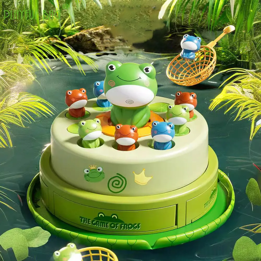 New Children's Electric Turntable Bouncing Frog Cartoon Fishing Net Puzzle Music Rotating Disc Toy Fun Gifts Cute Frog VG169