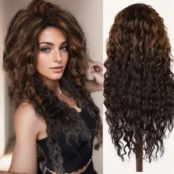 Long Wavy Haircuts Synthetic Hair Curly Wig Mix Brown with Highlights Fluffy Style Thick Wig with Free Part Bangs Halloween Cos