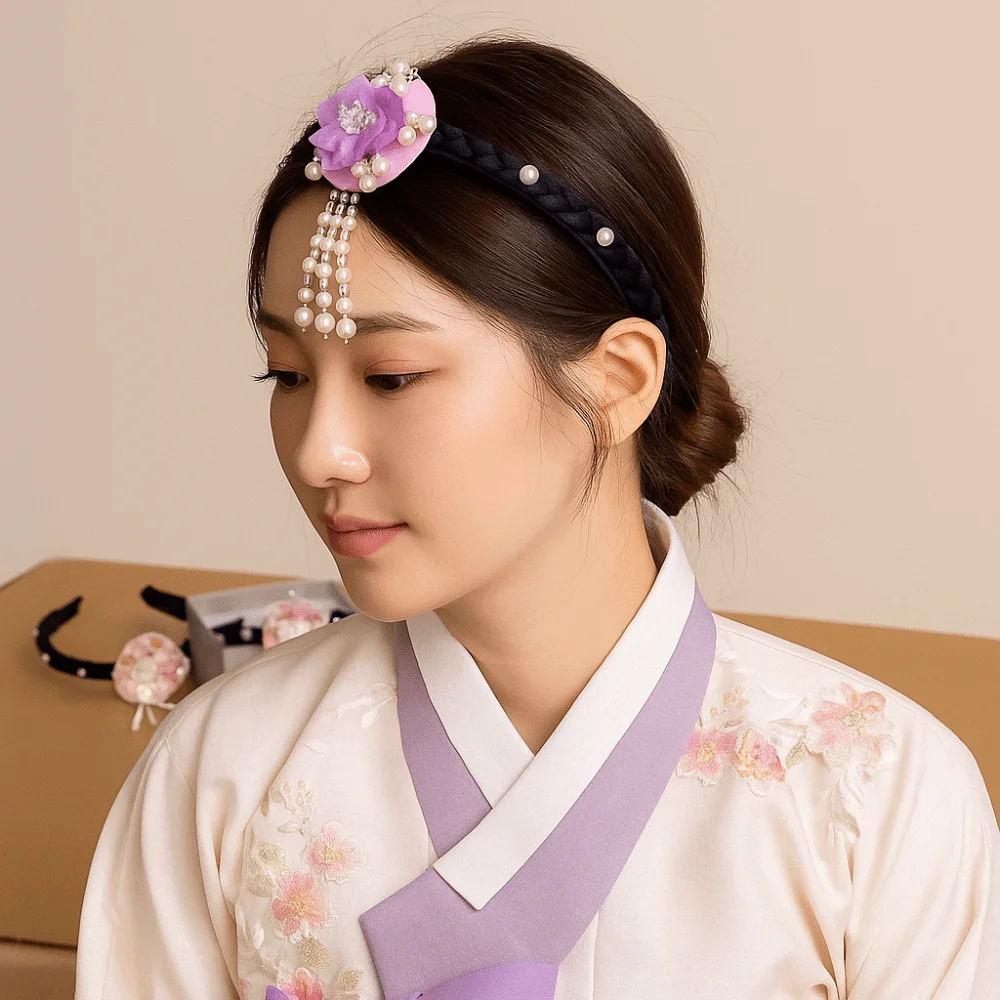 

Sweet Flower Korean Headband Pearl Traditional Hanbok Hairband Tassels Headdress Stage Dance Hair Hoop Girl