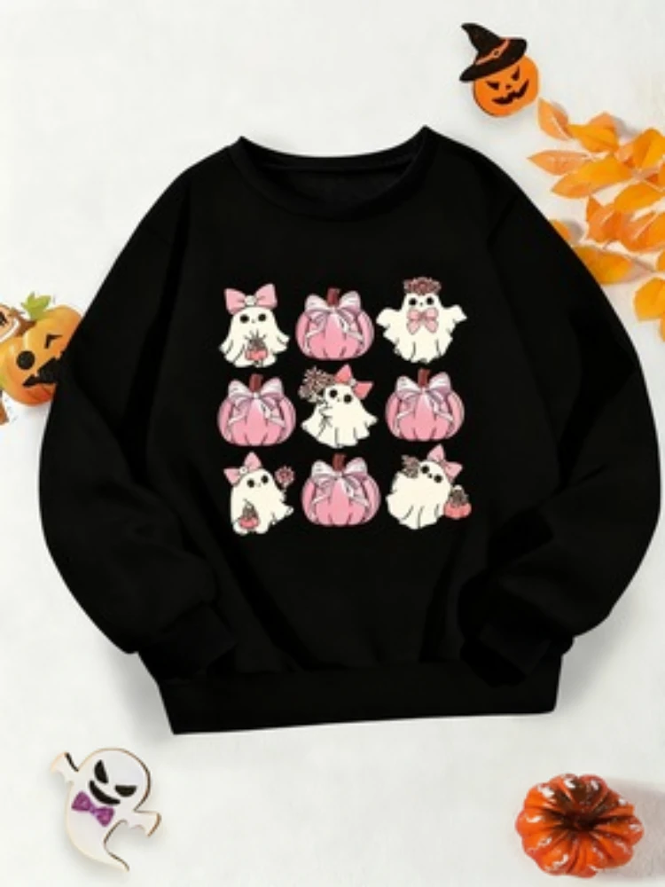 

Повседневная толстовка для девочек (4–12 лет), весна/осень — с круглым вырезом и длинными рукавами, с милым принтом призрака и тыквы, повседневная универсальная