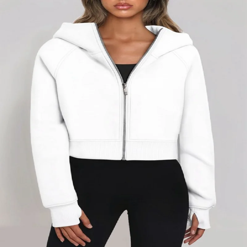 Women's Short Hoodie Jacket Long Sleeved Zipper Warm Coats Solid Color Casual Sweatshirts 2025 Autumn Winter Outerwears