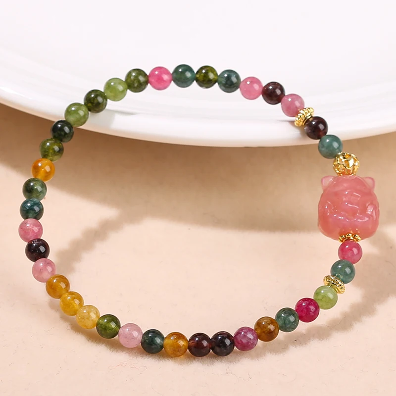 JD Luxury 4mm Tourmaline Color Chalcedony Agate Carved Nine-Tail Fox Charm Bracelet Women Fashion Design Thin Bangles Jewelry