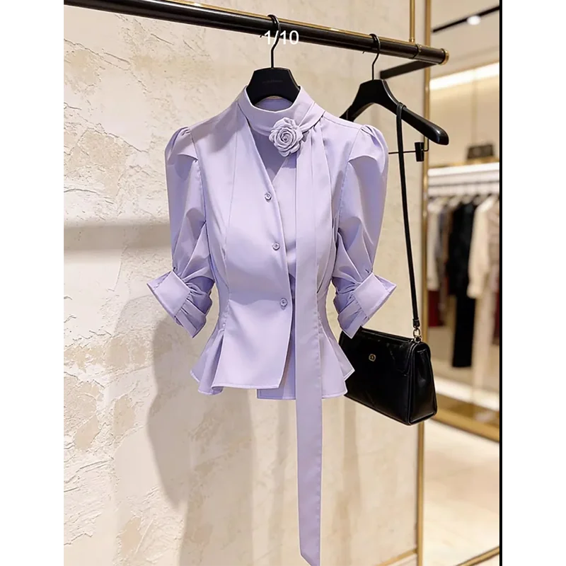 

Korean Style Elegant 3D Flower Sash Shirt for Women Spring 2026 New Gentle Anti-Aging Unique Beautiful Top Trendy