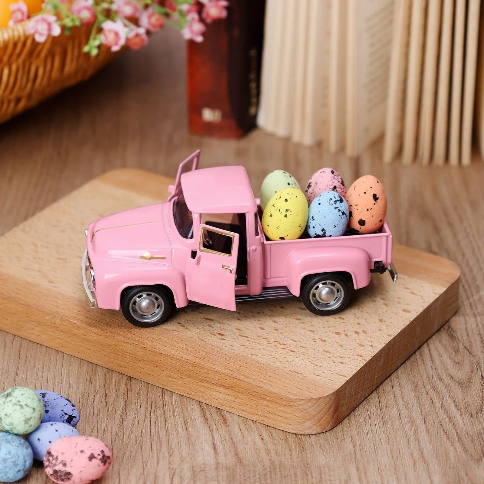 Easter Truck Metal Pink Vintage Farm Pickup Farmhouse Tabletop Tiered Tray Decor Home Kitchen Mantel Shelf Truck Decorations